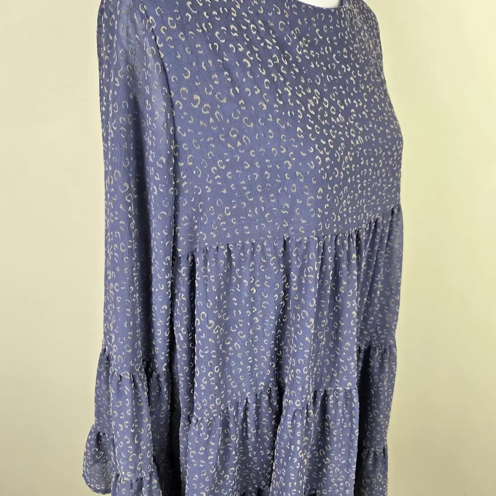 Altar'd State Dress Womens Large Blue Animal Print Bell Sleeve Tiered Trapeze